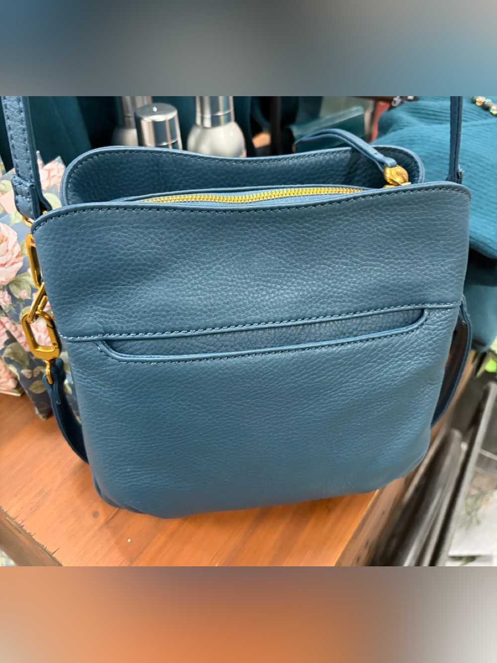 HOBO Teal Blue Leather Crossbody with Gold-Tone Zipper